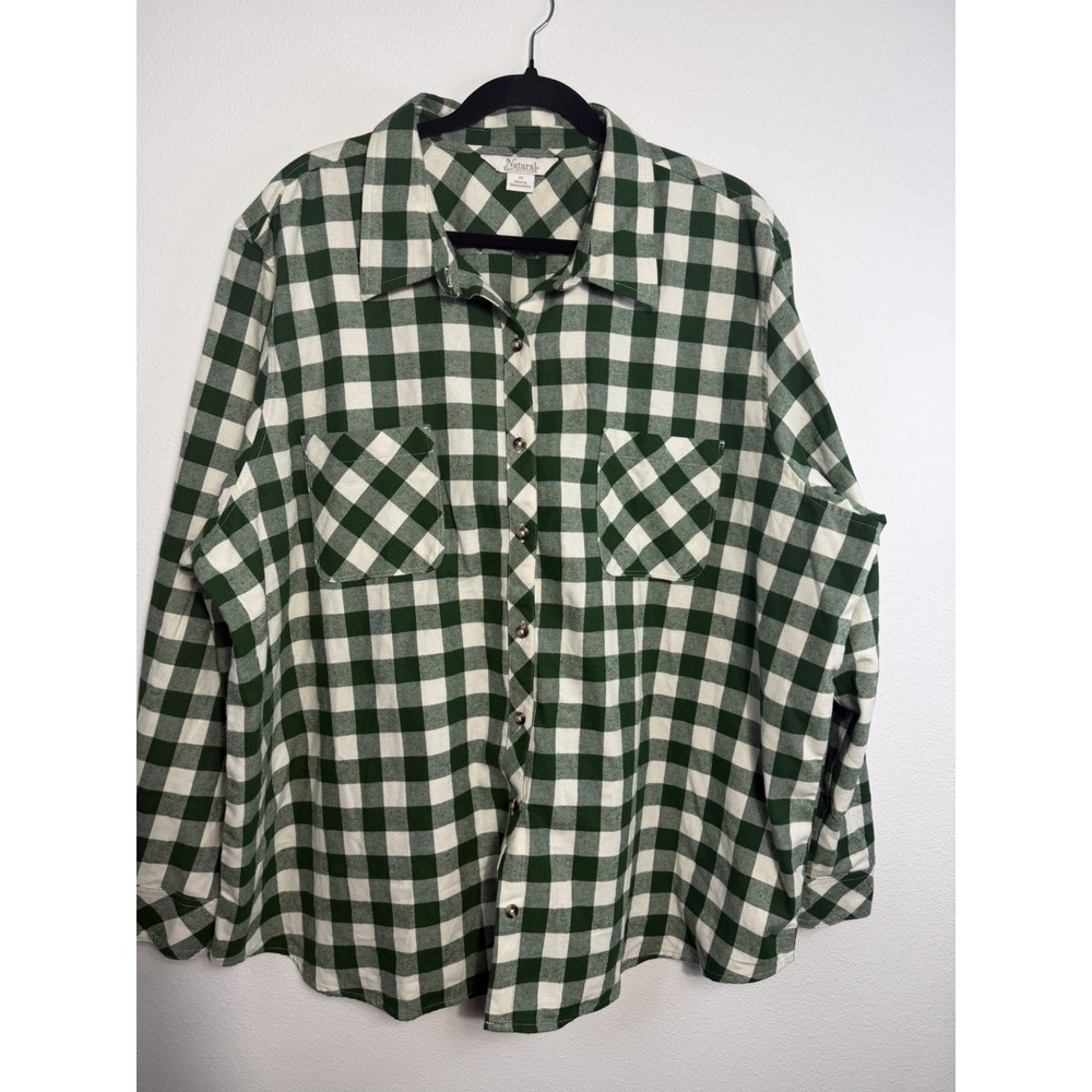 Natural Reflections Men's Green/White Check Woven Button-Up Shirt W Pockets 2X
